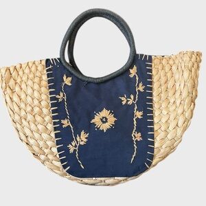 Handwoven Straw Tote Embroidered Floral Resort Beach Market Bag